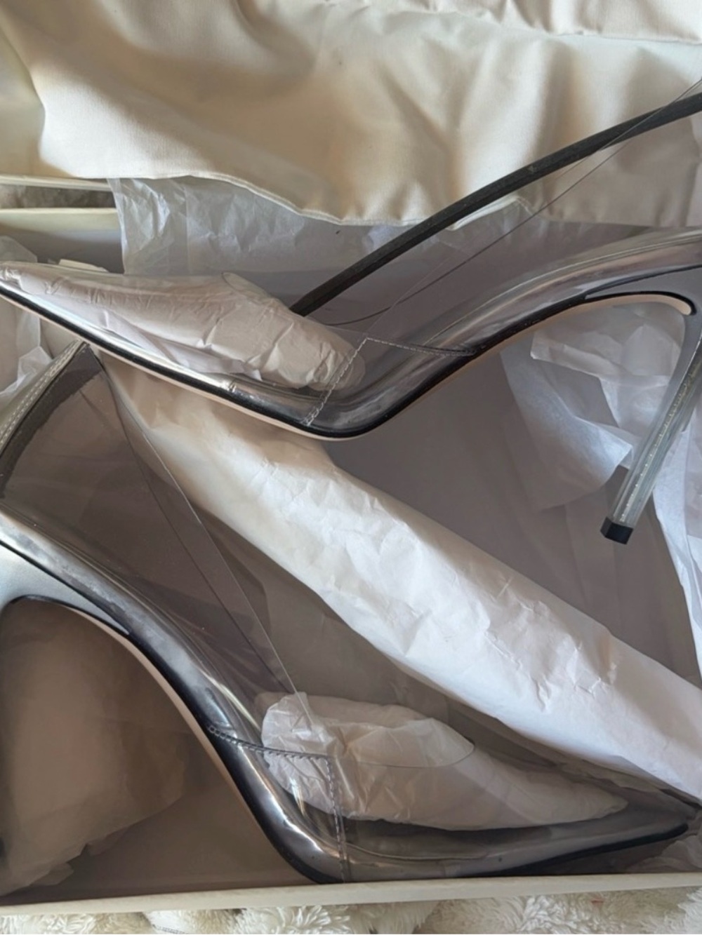 Good American Clear PVC Pointed Toe Heels with Silver Accents